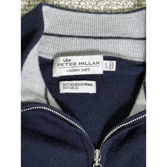 Peter Millar Crown Soft Sweater 1/4 Zip Merino Wool Silk Blend Mens Sz L Navy - Picture 3 of 7